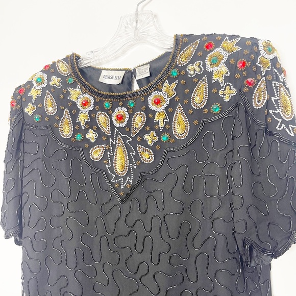 Vintage Jeweled Sequin Beaded Short Sleeve Silk Top Size Large - Picture 2 of 13